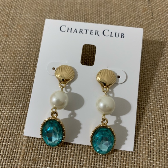 Charter Club Goldtone /Pearl/Aqua Earrings - Picture 3 of 9